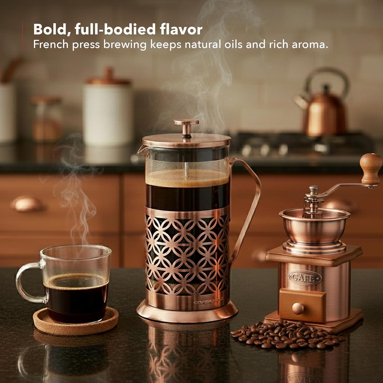 imageOVENTE French Press Coffee Maker 34 Ounce with Heat Resistant Borosilicate Glass Stainless Steel Design and 4Level Filter System Portable Cold Brewer Pot for Travel Camping or Gift Copper FSF34C34 Ounce