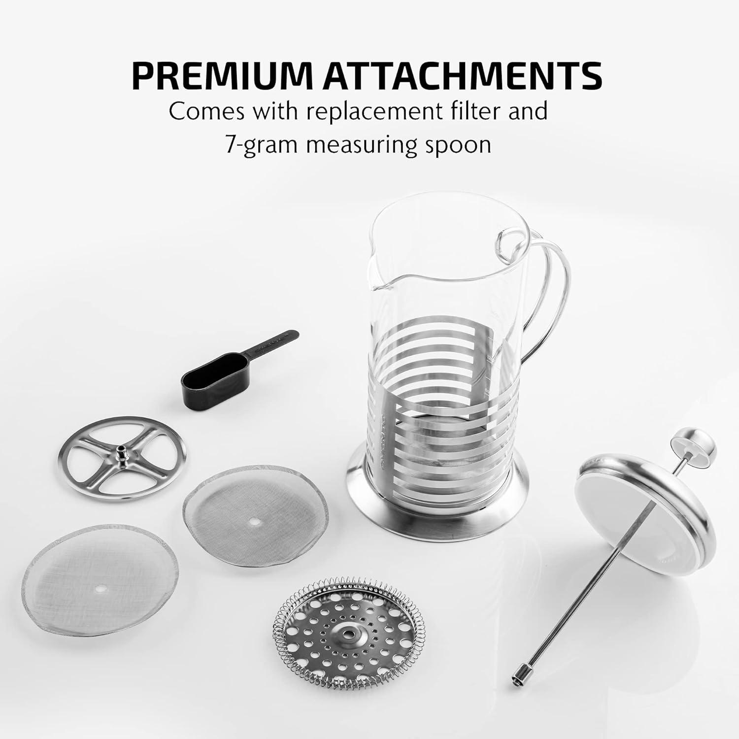 imageOVENTE French Press Coffee Maker 34 Ounce with Heat Resistant Borosilicate Glass Stainless Steel Design and 4Level Filter System Portable Cold Brewer Pot for Travel Camping or Gift Silver FSH34S34 Ounce