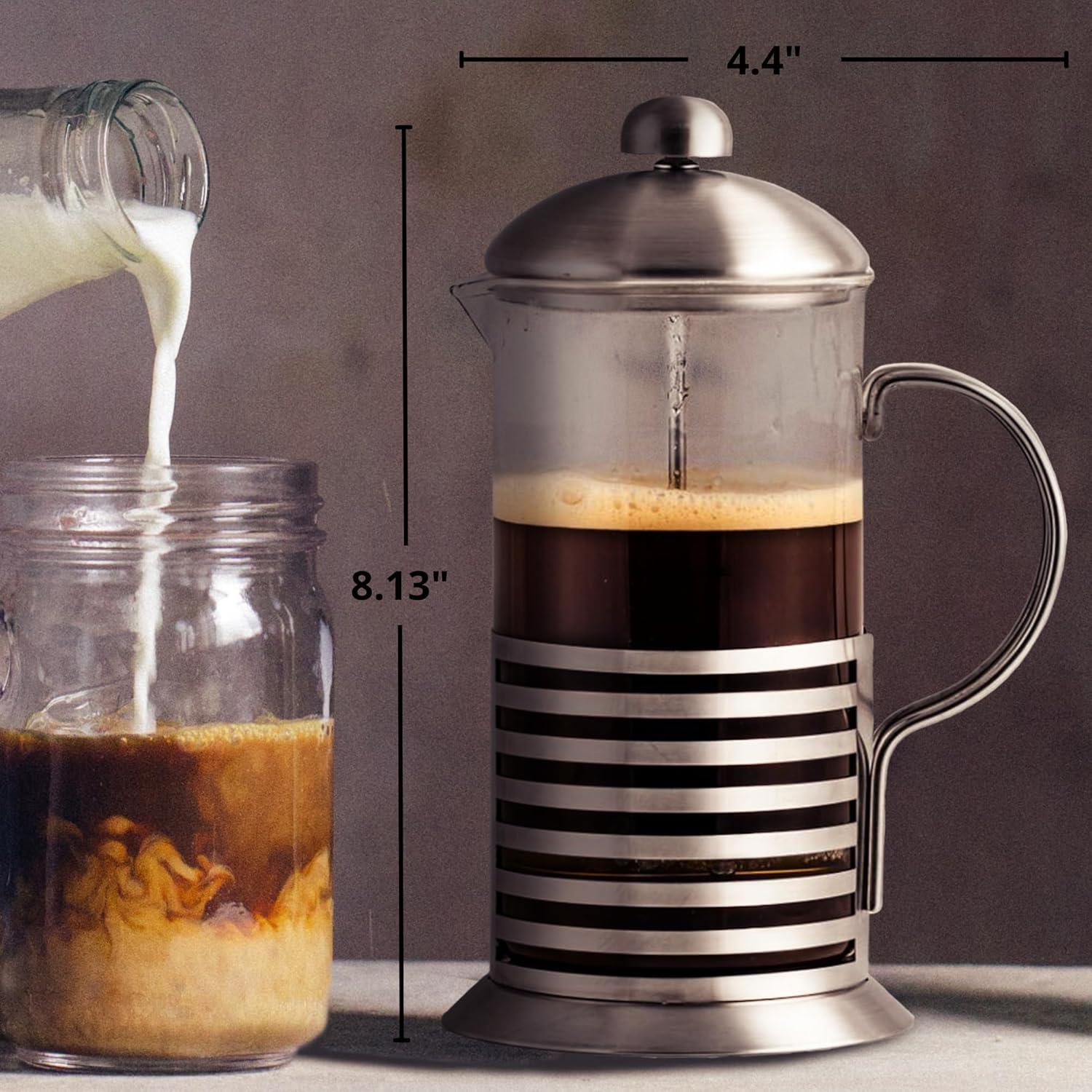 imageOVENTE French Press Coffee Maker 34 Ounce with Heat Resistant Borosilicate Glass Stainless Steel Design and 4Level Filter System Portable Cold Brewer Pot for Travel Camping or Gift Silver FSH34S20 Ounce