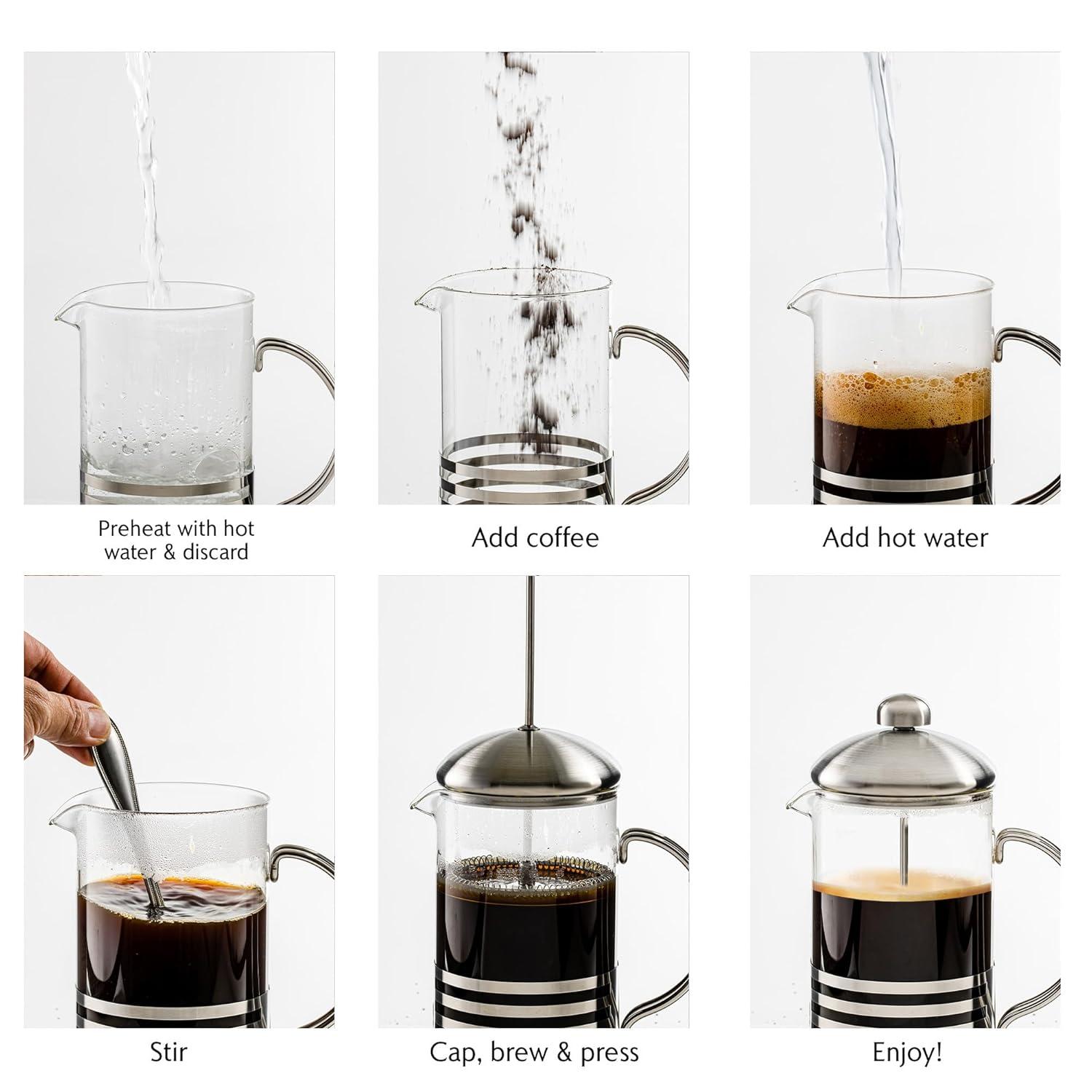 imageOVENTE French Press Coffee Maker 34 Ounce with Heat Resistant Borosilicate Glass Stainless Steel Design and 4Level Filter System Portable Cold Brewer Pot for Travel Camping or Gift Silver FSH34S34 Ounce