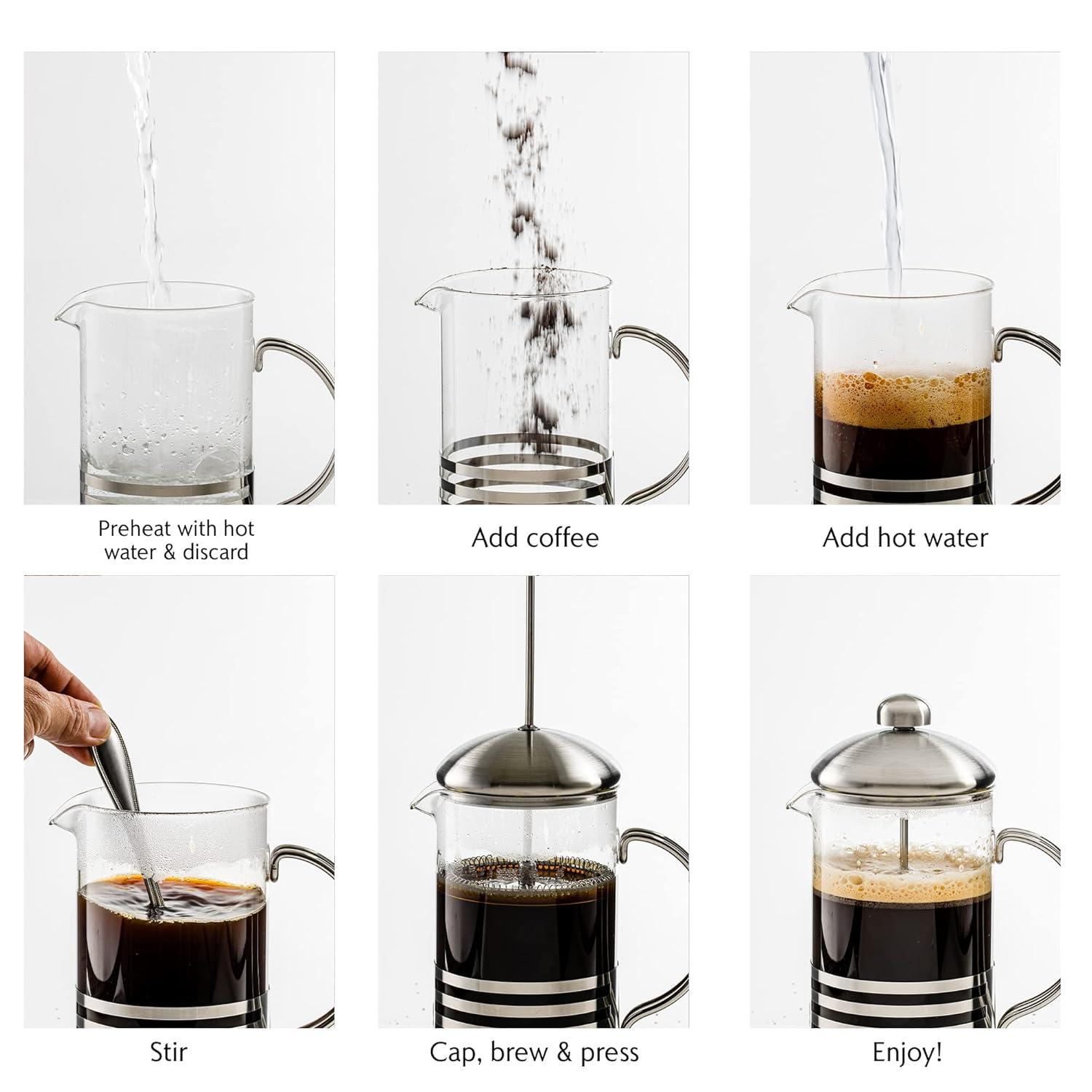 imageOVENTE French Press Coffee Maker 34 Ounce with Heat Resistant Borosilicate Glass Stainless Steel Design and 4Level Filter System Portable Cold Brewer Pot for Travel Camping or Gift Silver FSH34S20 Ounce