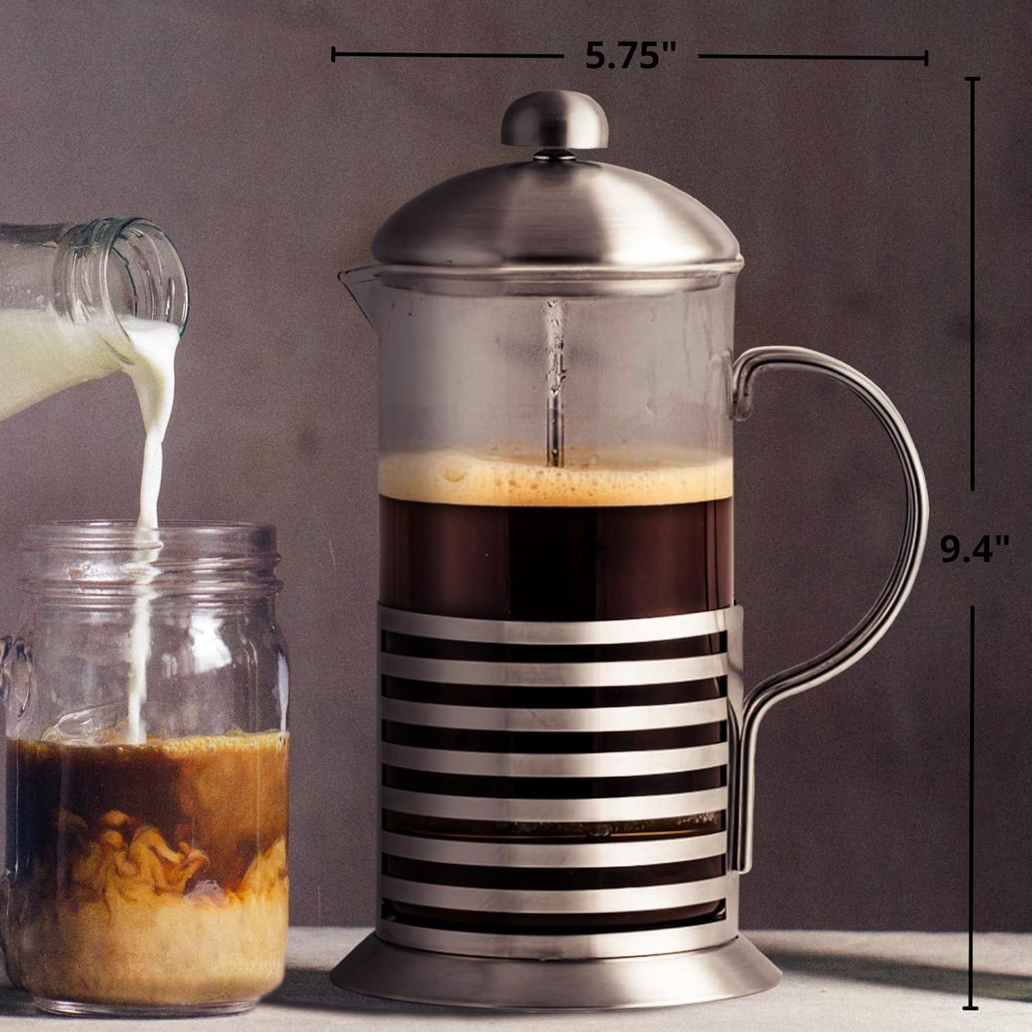 imageOVENTE French Press Coffee Maker 34 Ounce with Heat Resistant Borosilicate Glass Stainless Steel Design and 4Level Filter System Portable Cold Brewer Pot for Travel Camping or Gift Silver FSH34S34 Ounce