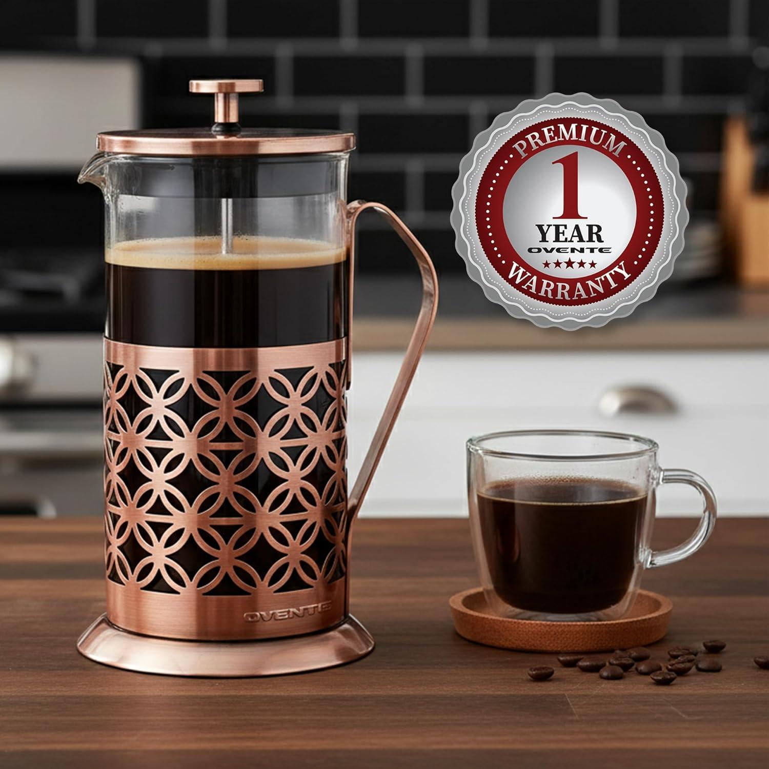 imageOVENTE French Press Coffee Maker 34 Ounce with Heat Resistant Borosilicate Glass Stainless Steel Design and 4Level Filter System Portable Cold Brewer Pot for Travel Camping or Gift Copper FSF34C34 Ounce