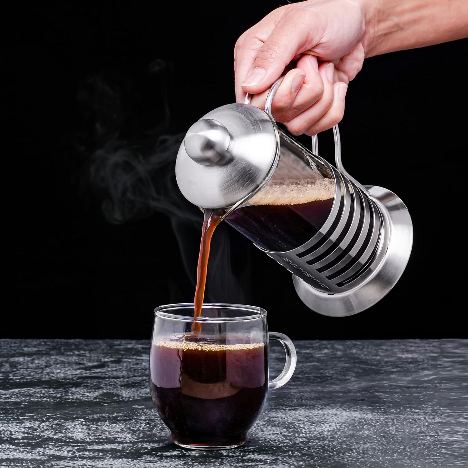 imageOVENTE French Press Coffee Maker 34 Ounce with Heat Resistant Borosilicate Glass Stainless Steel Design and 4Level Filter System Portable Cold Brewer Pot for Travel Camping or Gift Silver FSH34S20 Ounce