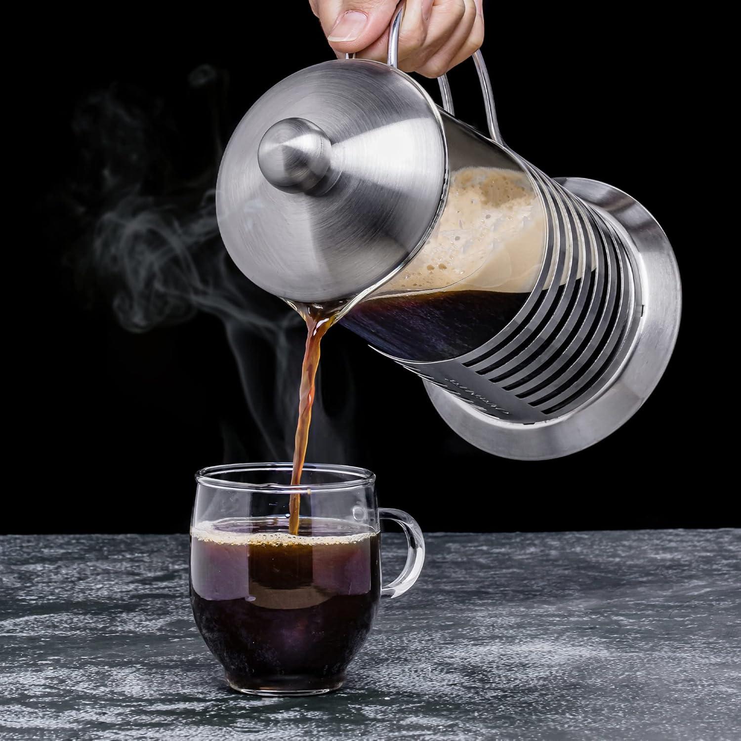 imageOVENTE French Press Coffee Maker 34 Ounce with Heat Resistant Borosilicate Glass Stainless Steel Design and 4Level Filter System Portable Cold Brewer Pot for Travel Camping or Gift Silver FSH34S34 Ounce