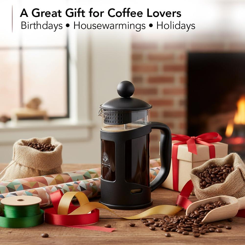 imageOVENTE French Press Coffee Maker 34 Ounce with Heat Resistant Borosilicate Glass amp Stainless Steel 4Level Filtration System Portable Cold Brew Coffee Maker for Travel Camping or Gift Black FPT34B