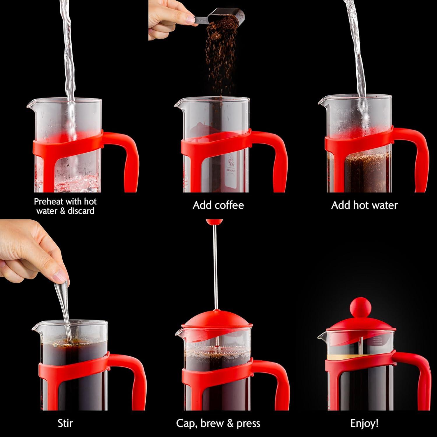 imageOVENTE French Press Coffee Maker 34 Ounce with Heat Resistant Borosilicate Glass amp Stainless Steel 4Level Filtration System Portable Cold Brew Coffee Maker for Travel Camping or Gift Red FPT34R
