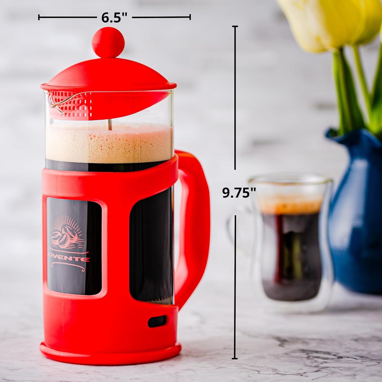imageOVENTE French Press Coffee Maker 34 Ounce with Heat Resistant Borosilicate Glass amp Stainless Steel 4Level Filtration System Portable Cold Brew Coffee Maker for Travel Camping or Gift Red FPT34R