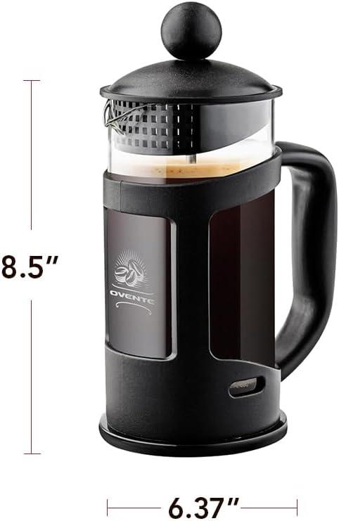 imageOVENTE French Press Coffee Maker 34 Ounce with Heat Resistant Borosilicate Glass amp Stainless Steel 4Level Filtration System Portable Cold Brew Coffee Maker for Travel Camping or Gift Black FPT34B