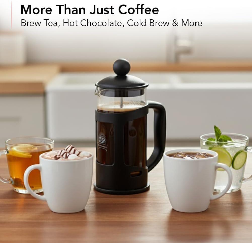 imageOVENTE French Press Coffee Maker 34 Ounce with Heat Resistant Borosilicate Glass amp Stainless Steel 4Level Filtration System Portable Cold Brew Coffee Maker for Travel Camping or Gift Black FPT34B