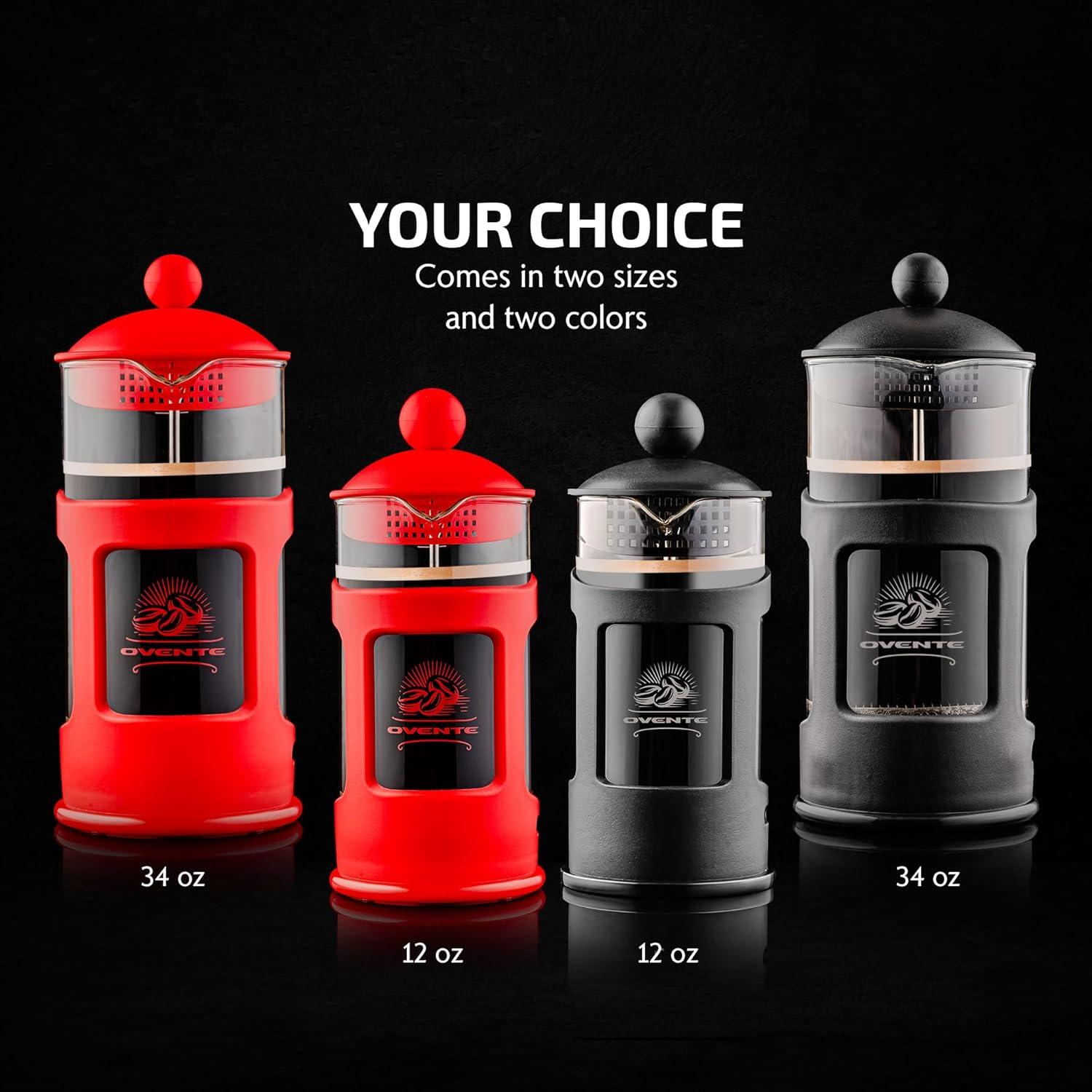 imageOVENTE French Press Coffee Maker 34 Ounce with Heat Resistant Borosilicate Glass amp Stainless Steel 4Level Filtration System Portable Cold Brew Coffee Maker for Travel Camping or Gift Red FPT34R