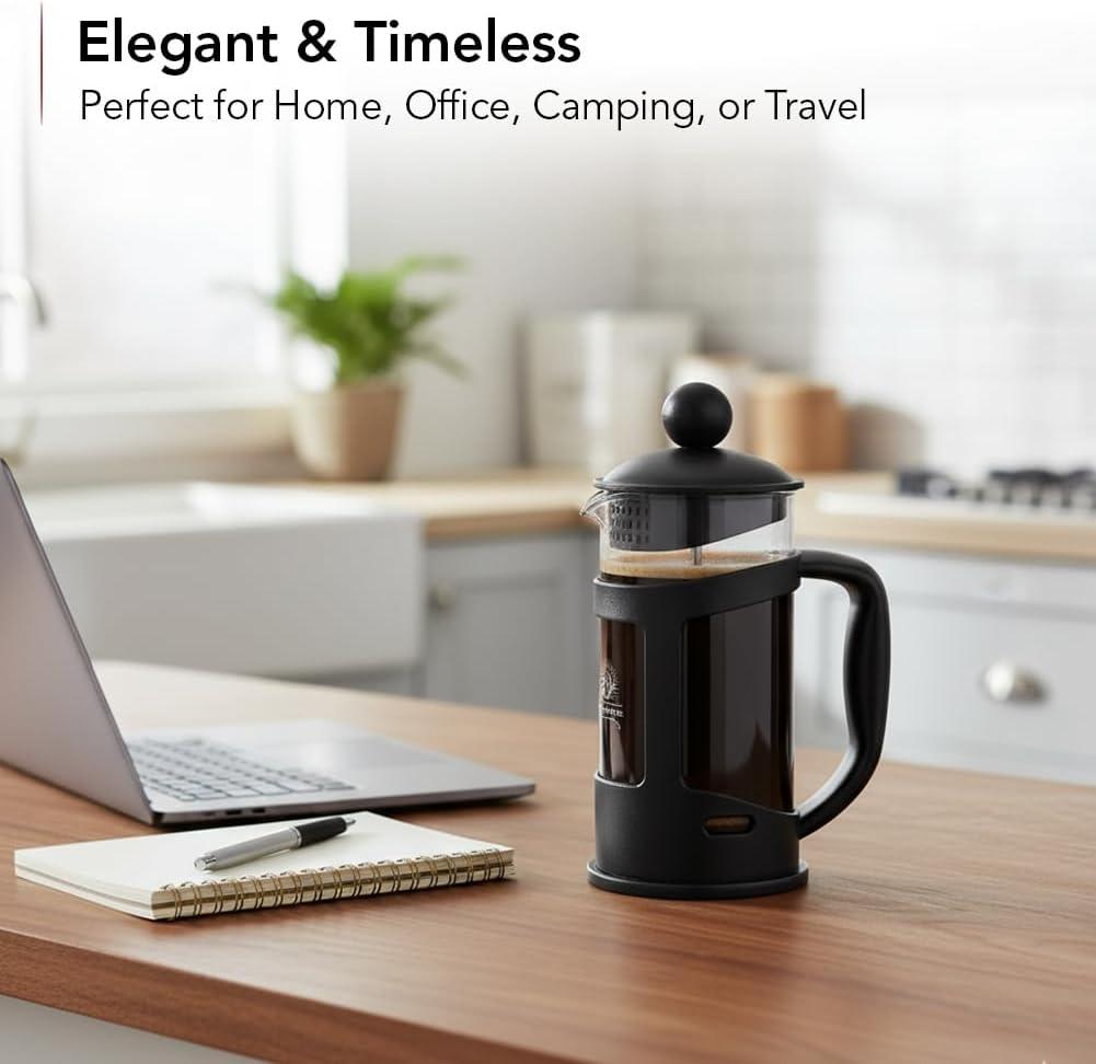 imageOVENTE French Press Coffee Maker 34 Ounce with Heat Resistant Borosilicate Glass amp Stainless Steel 4Level Filtration System Portable Cold Brew Coffee Maker for Travel Camping or Gift Black FPT34B