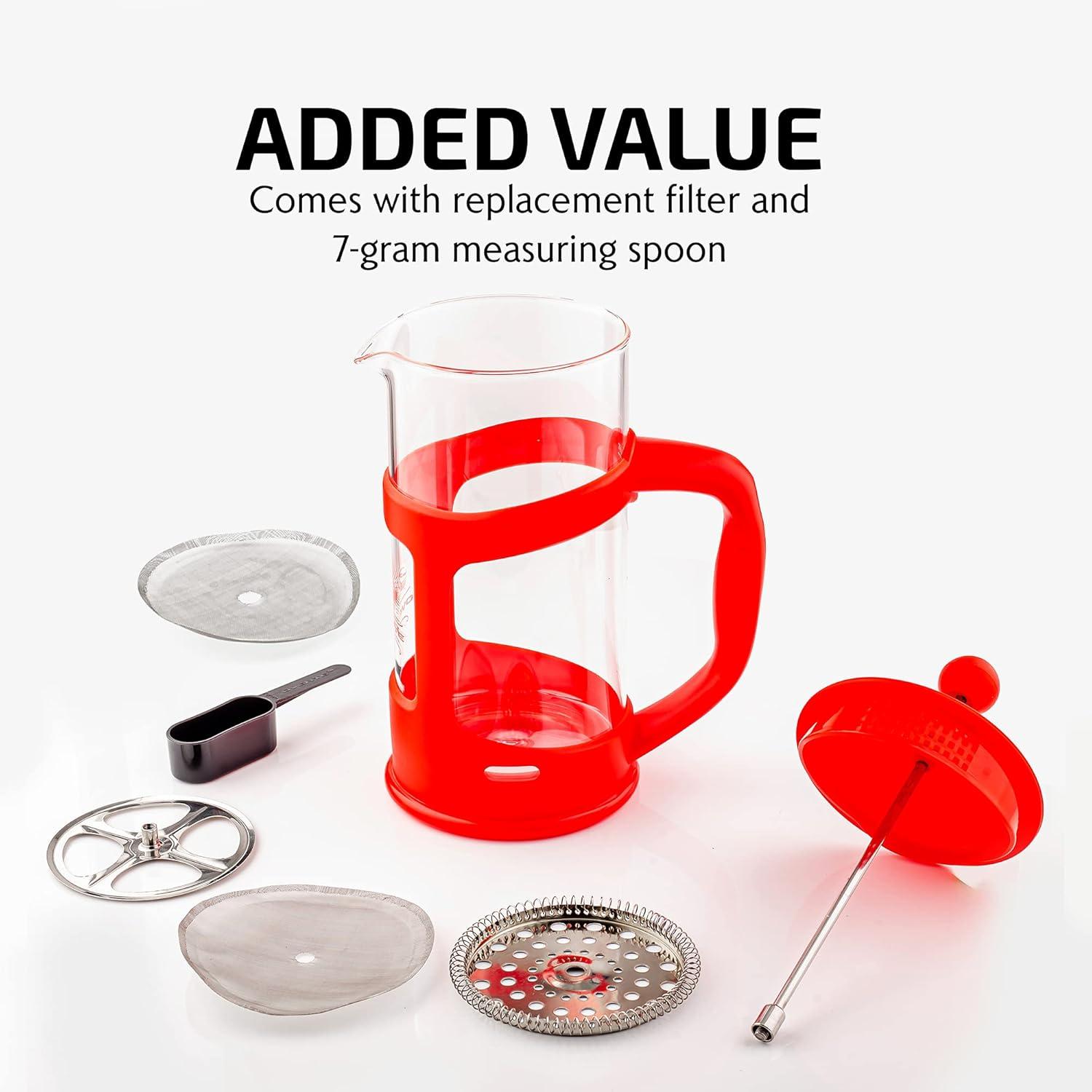 imageOVENTE French Press Coffee Maker 34 Ounce with Heat Resistant Borosilicate Glass amp Stainless Steel 4Level Filtration System Portable Cold Brew Coffee Maker for Travel Camping or Gift Red FPT34R