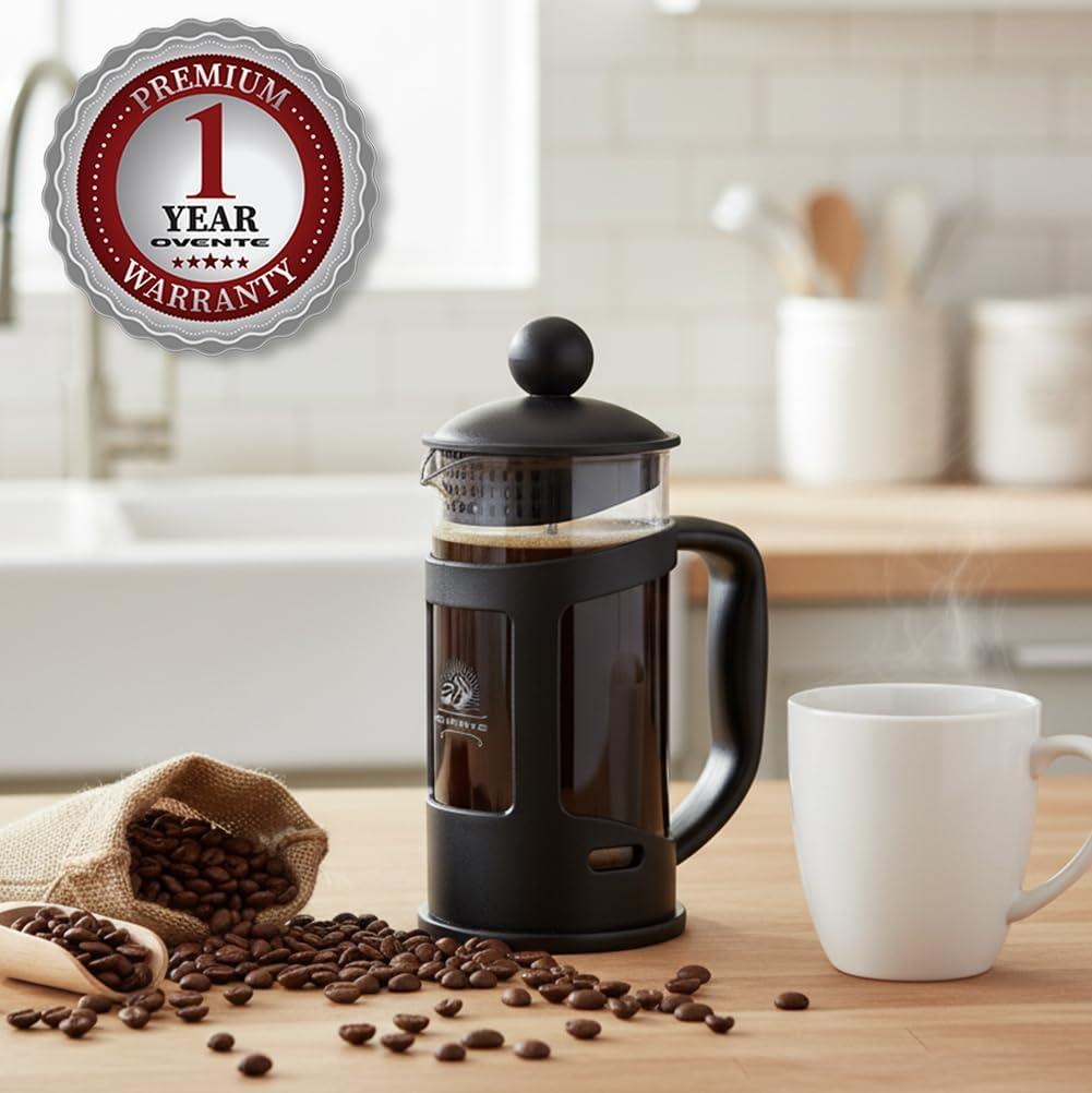 imageOVENTE French Press Coffee Maker 34 Ounce with Heat Resistant Borosilicate Glass amp Stainless Steel 4Level Filtration System Portable Cold Brew Coffee Maker for Travel Camping or Gift Black FPT34B