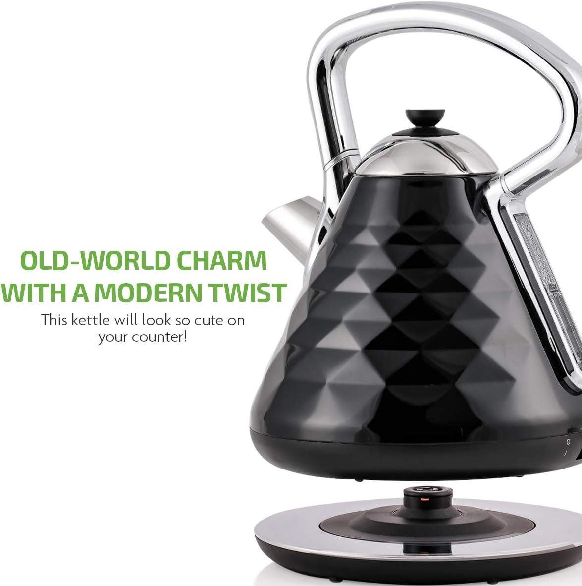 imageOVENTE Retro Electric Kettle 17L Stainless Steel Tea Kettle 1500W Fast Heating Hot Water Boiler with LED Indicator Light Auto ShutOff amp BoilDry Protection BPAFree Teapot Black KS755BBlack