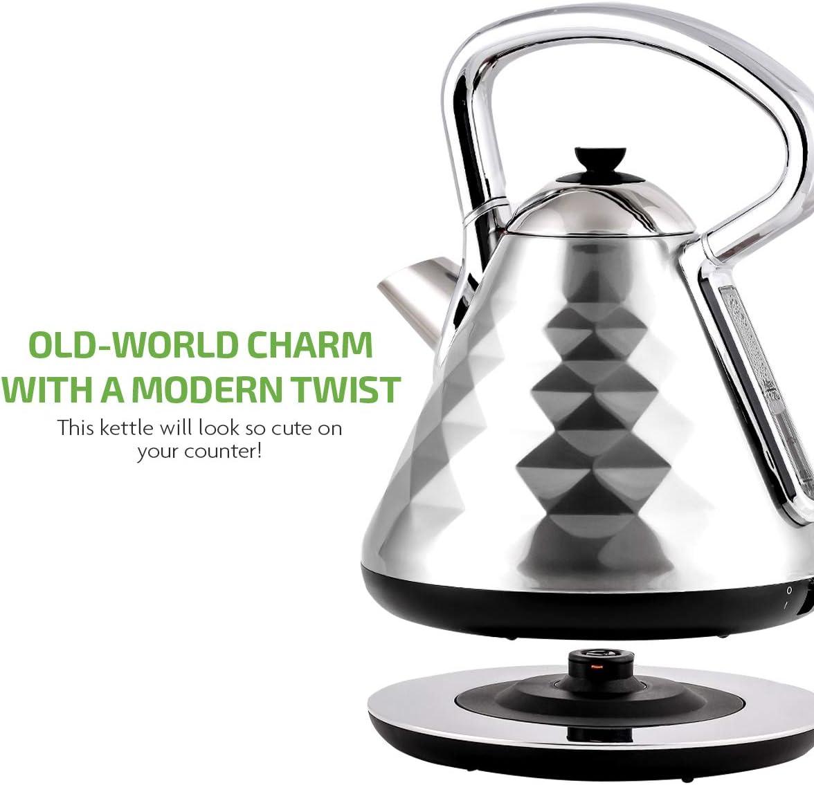 imageOVENTE Retro Electric Kettle 17L Stainless Steel Tea Kettle 1500W Fast Heating Hot Water Boiler with LED Indicator Light Auto ShutOff amp BoilDry Protection BPAFree Teapot Black KS755BSilver