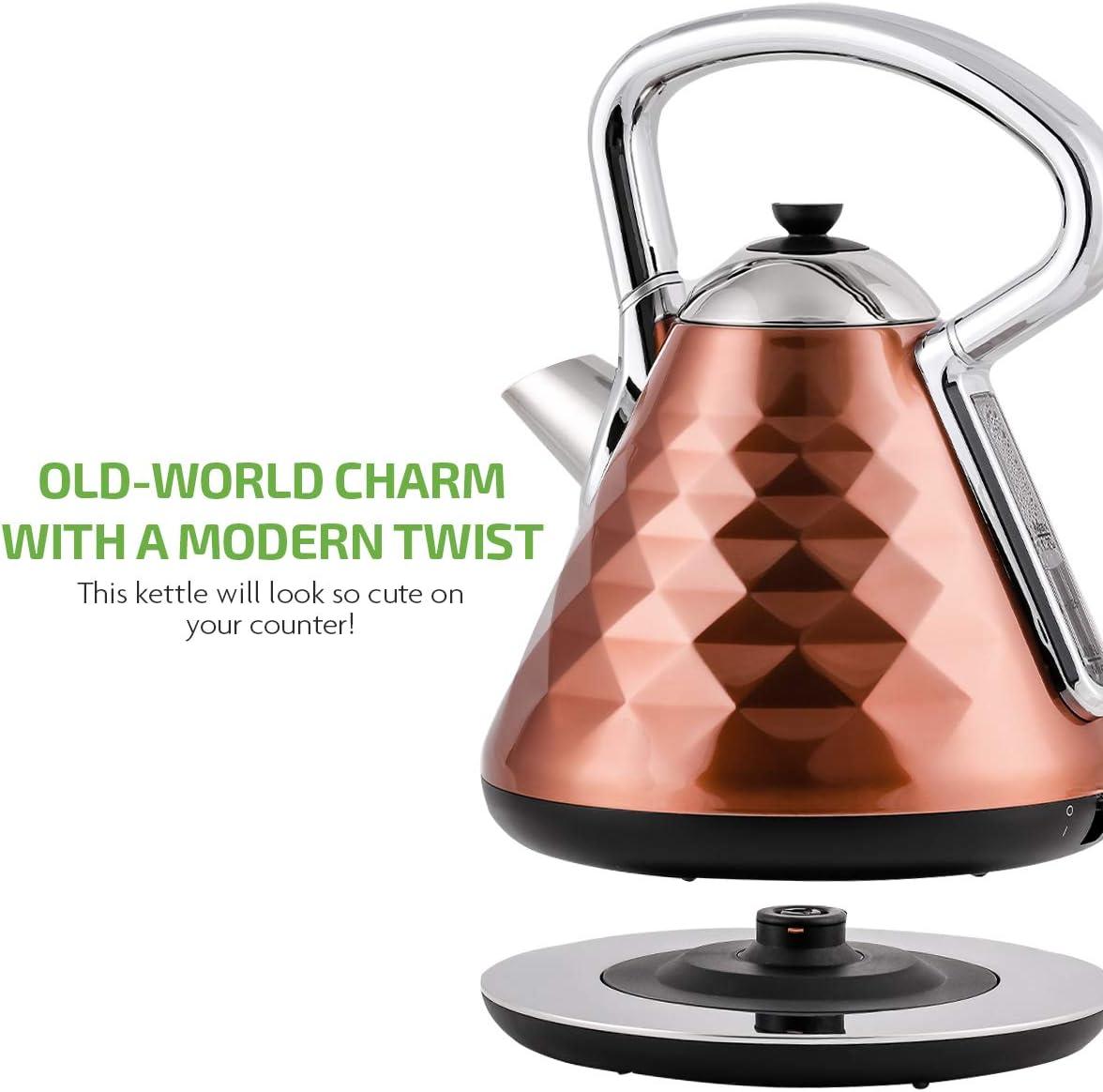 imageOVENTE Retro Electric Kettle 17L Stainless Steel Tea Kettle 1500W Fast Heating Hot Water Boiler with LED Indicator Light Auto ShutOff amp BoilDry Protection BPAFree Teapot Black KS755BCopper