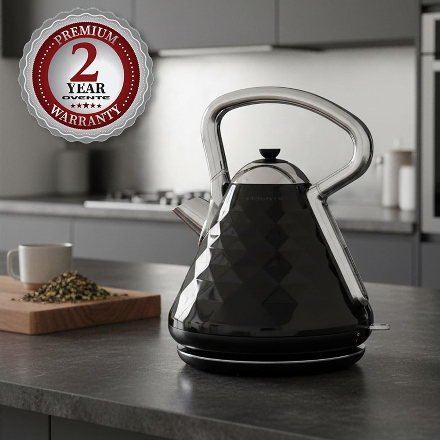 imageOVENTE Retro Electric Kettle 17L Stainless Steel Tea Kettle 1500W Fast Heating Hot Water Boiler with LED Indicator Light Auto ShutOff amp BoilDry Protection BPAFree Teapot Black KS755BBlack