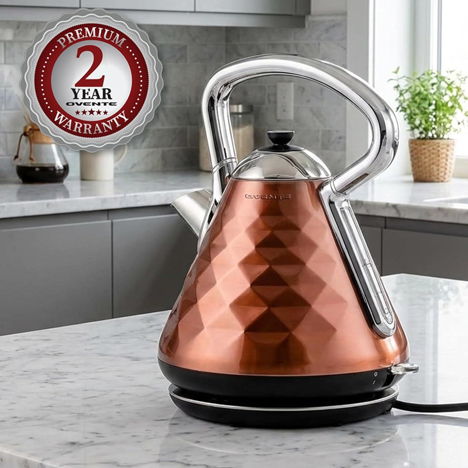 imageOVENTE Retro Electric Kettle 17L Stainless Steel Tea Kettle 1500W Fast Heating Hot Water Boiler with LED Indicator Light Auto ShutOff amp BoilDry Protection BPAFree Teapot Black KS755BCopper