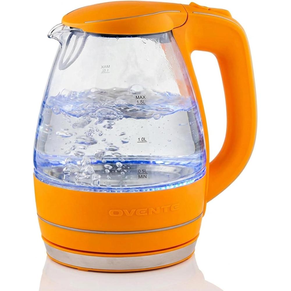 imageOVENTE Electric Kettle 15L Borosilicate Glass Countertop Water Heater and Boiler for Coffee or Tea BPAFree Auto ShutOff BoilDry Protection Removable and Washable Spout Filter Red KG83ROrange