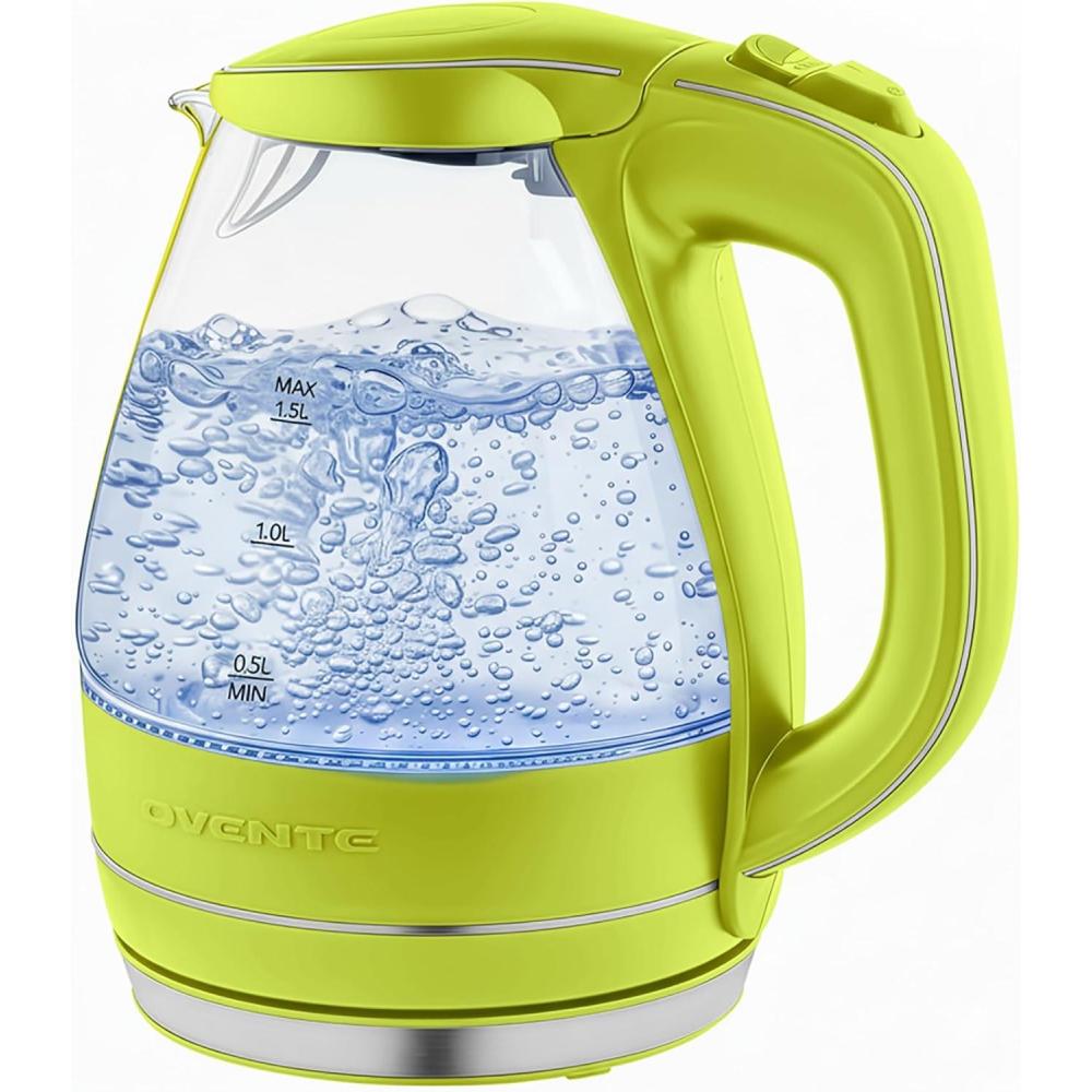 imageOVENTE Electric Kettle 15L Borosilicate Glass Countertop Water Heater and Boiler for Coffee or Tea BPAFree Auto ShutOff BoilDry Protection Removable and Washable Spout Filter Red KG83RGreen