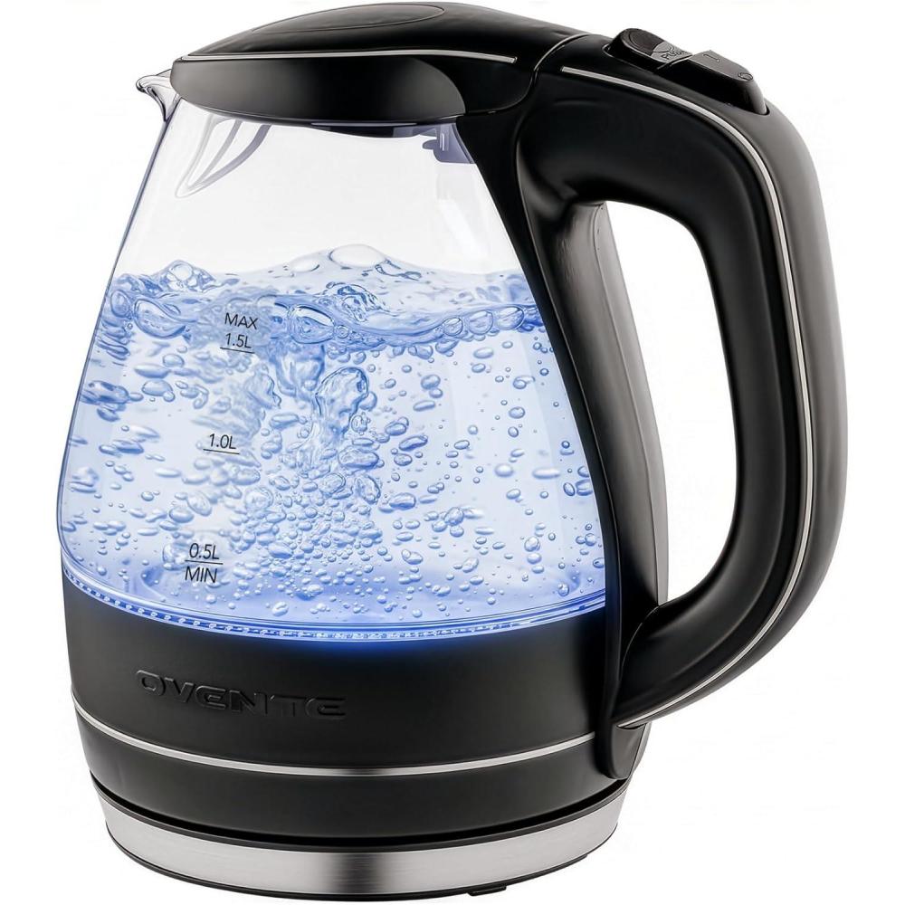 imageOVENTE Electric Kettle 15L Borosilicate Glass Countertop Water Heater and Boiler for Coffee or Tea BPAFree Auto ShutOff BoilDry Protection Removable and Washable Spout Filter Red KG83RBlack