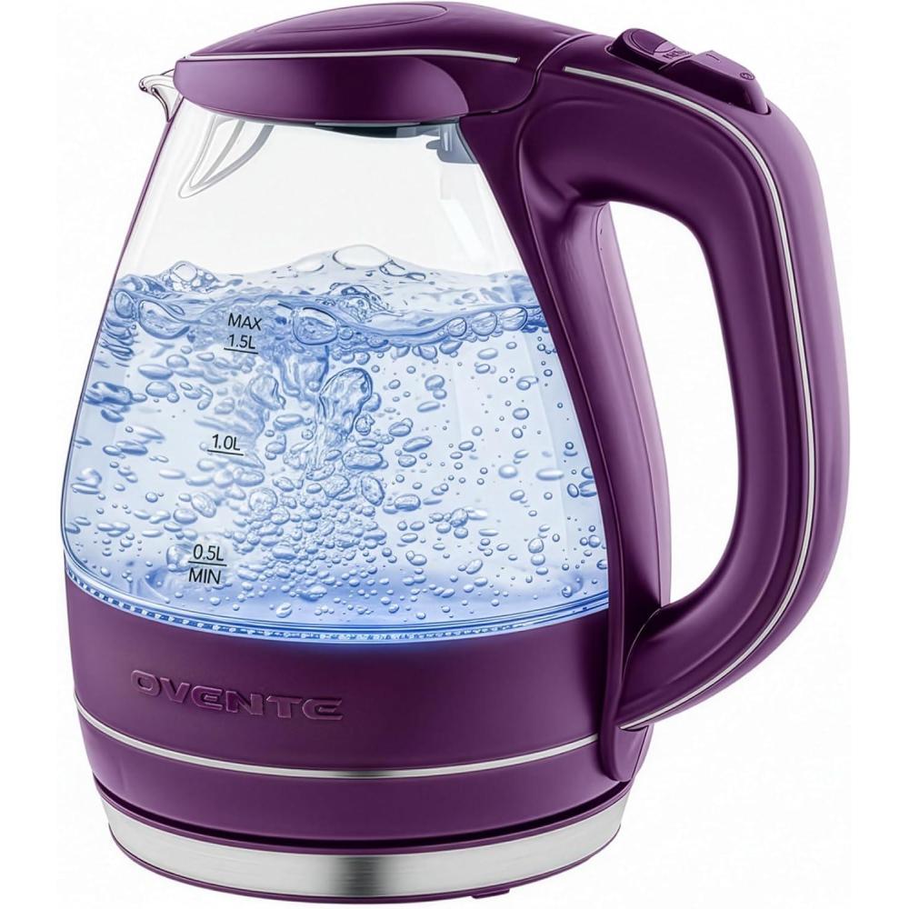 imageOVENTE Electric Kettle 15L Borosilicate Glass Countertop Water Heater and Boiler for Coffee or Tea BPAFree Auto ShutOff BoilDry Protection Removable and Washable Spout Filter Red KG83RPurple