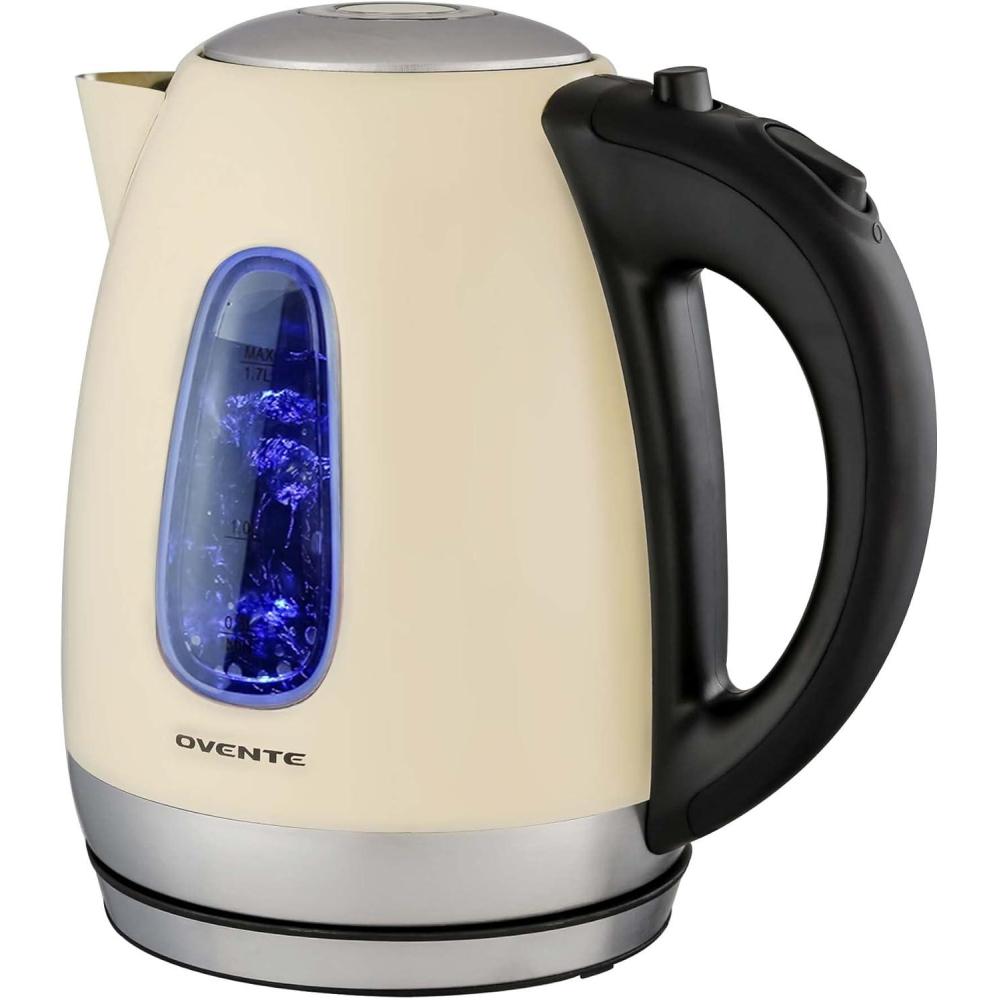 imageOVENTE Electric Kettle 17L Stainless Steel Water Heater and Boiler for Coffee or Tea with BPA Free amp Cordless Body Auto ShutOff BoilDry Protection LED Light and Removable Filter Beige KS96BG