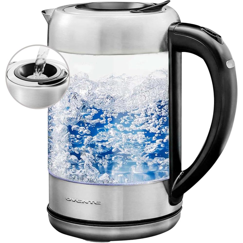 imageOVENTE Electric Kettle with 17L Borosilicate Glass 1500W Instant Water Boiler and Heater for Coffee or Tea BPA Free Easy to Fill Lid Auto ShutOff and Boil Dry Protection Silver KG612SSilver