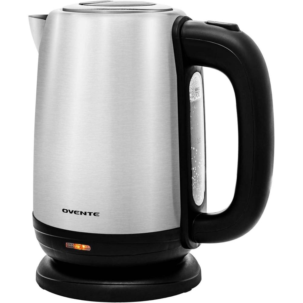 imageOVENTE Electric Tea Kettle Stainless Steel 17 Liter Portable Instant Water Boiler Heater 1100W Power Fast Boiling with Cordless Body and Automatic Shut Off for Coffee Milk Chocolate Silver KS27S