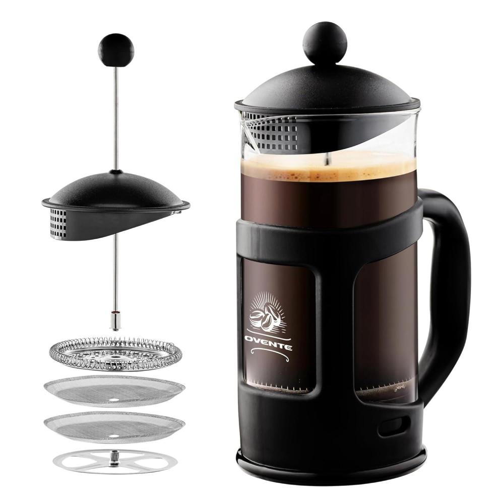 imageOVENTE French Press Coffee Maker 12 Ounce with Heat Resistant Borosilicate Glass amp Stainless Steel 4Level Filtration System Portable Cold Brew Coffee Maker for Travel Camping or Gift Black FPT12BBlack 12 Ounce