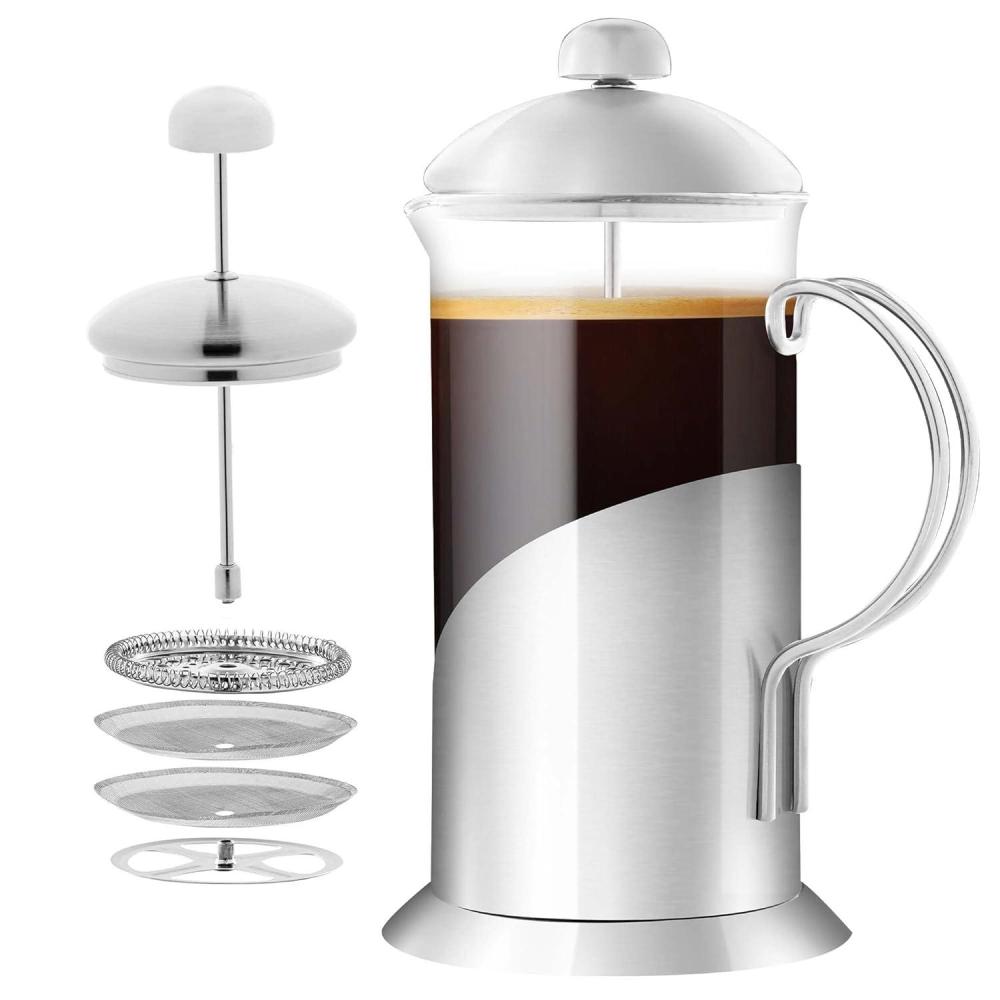 imageOVENTE French Press Coffee Maker 20 Ounce with Heat Resistant Borosilicate Glass Stainless Steel Design and 4Level Filter System Portable Cold Brewer Pot for Travel Camping or Gift Silver FSL20S34 Ounce
