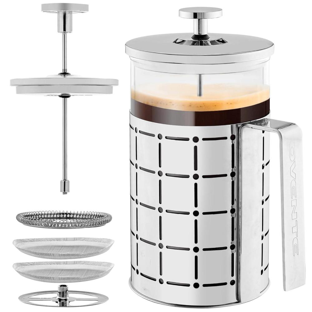 imageOVENTE French Press Coffee Maker 27 Ounce with Heat Resistant Borosilicate Glass Stainless Steel Design and 4Level Filter System Portable Cold Brewer Pot for Travel Camping or Gift Silver FSS27P27 Ounce