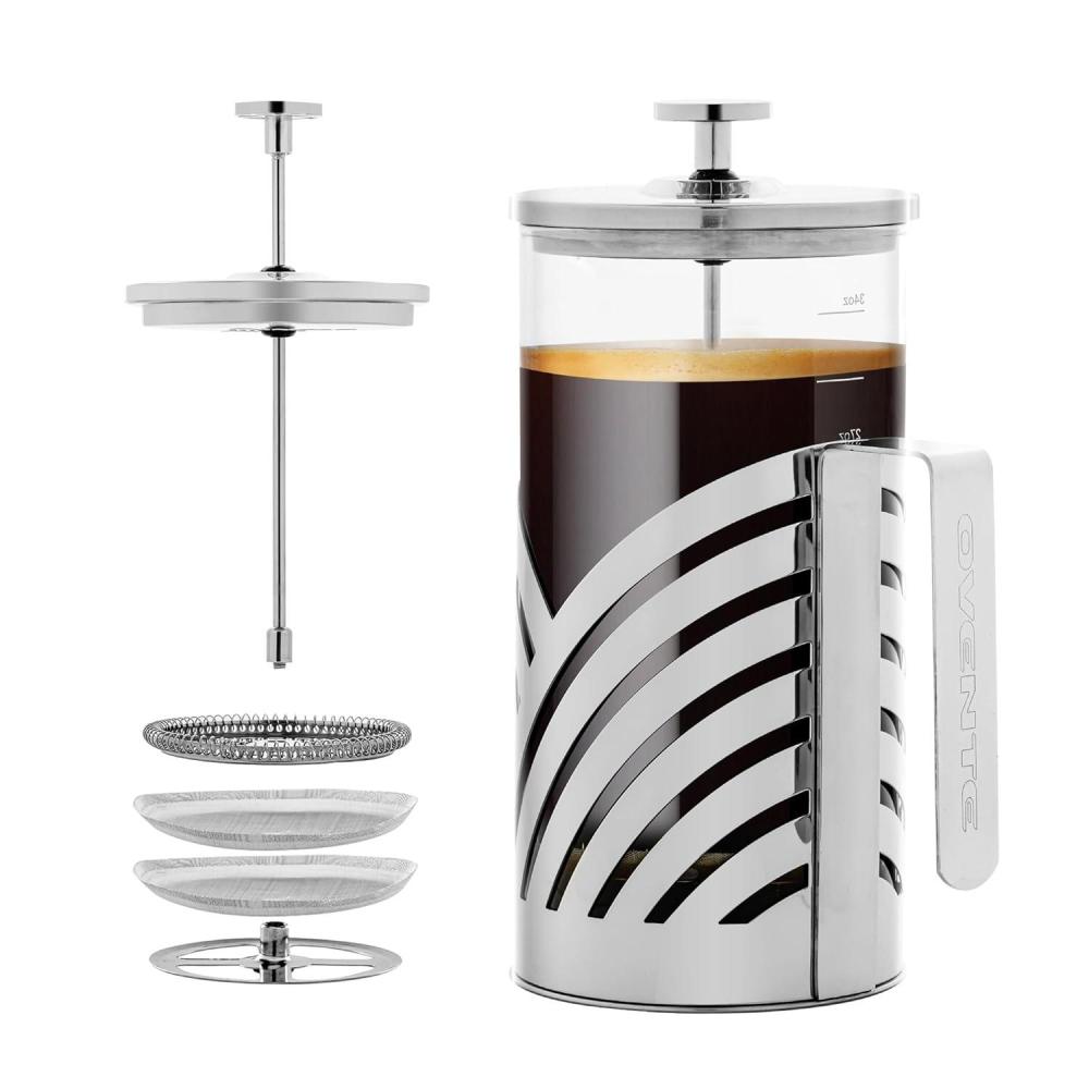 imageOVENTE French Press Coffee Maker 27 Ounce with Heat Resistant Borosilicate Glass Stainless Steel Design and 4Level Filter System Portable Cold Brewer Pot for Travel Camping or Gift Silver FSD27P34 Ounce
