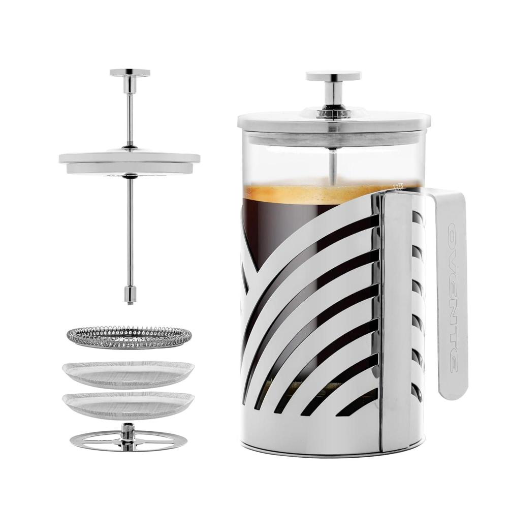 imageOVENTE French Press Coffee Maker 27 Ounce with Heat Resistant Borosilicate Glass Stainless Steel Design and 4Level Filter System Portable Cold Brewer Pot for Travel Camping or Gift Silver FSD27P27 Ounce