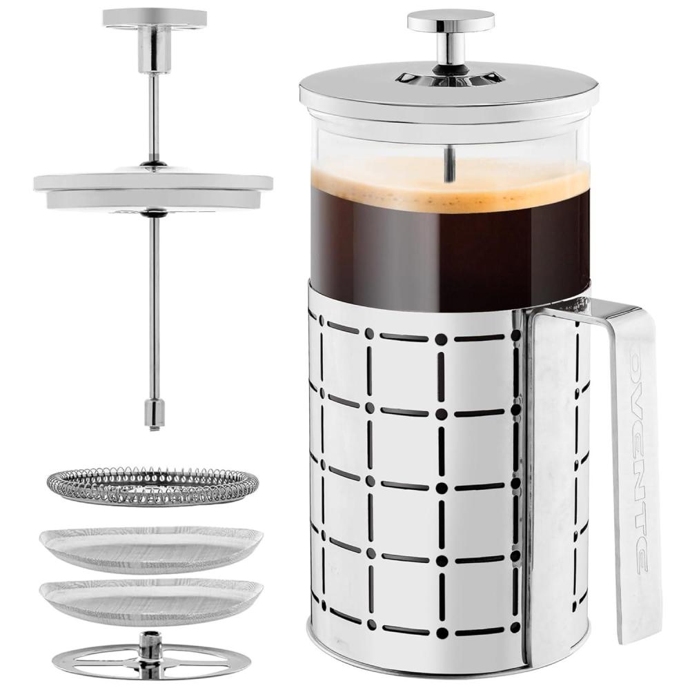 imageOVENTE French Press Coffee Maker 27 Ounce with Heat Resistant Borosilicate Glass Stainless Steel Design and 4Level Filter System Portable Cold Brewer Pot for Travel Camping or Gift Silver FSS27P34 Ounce