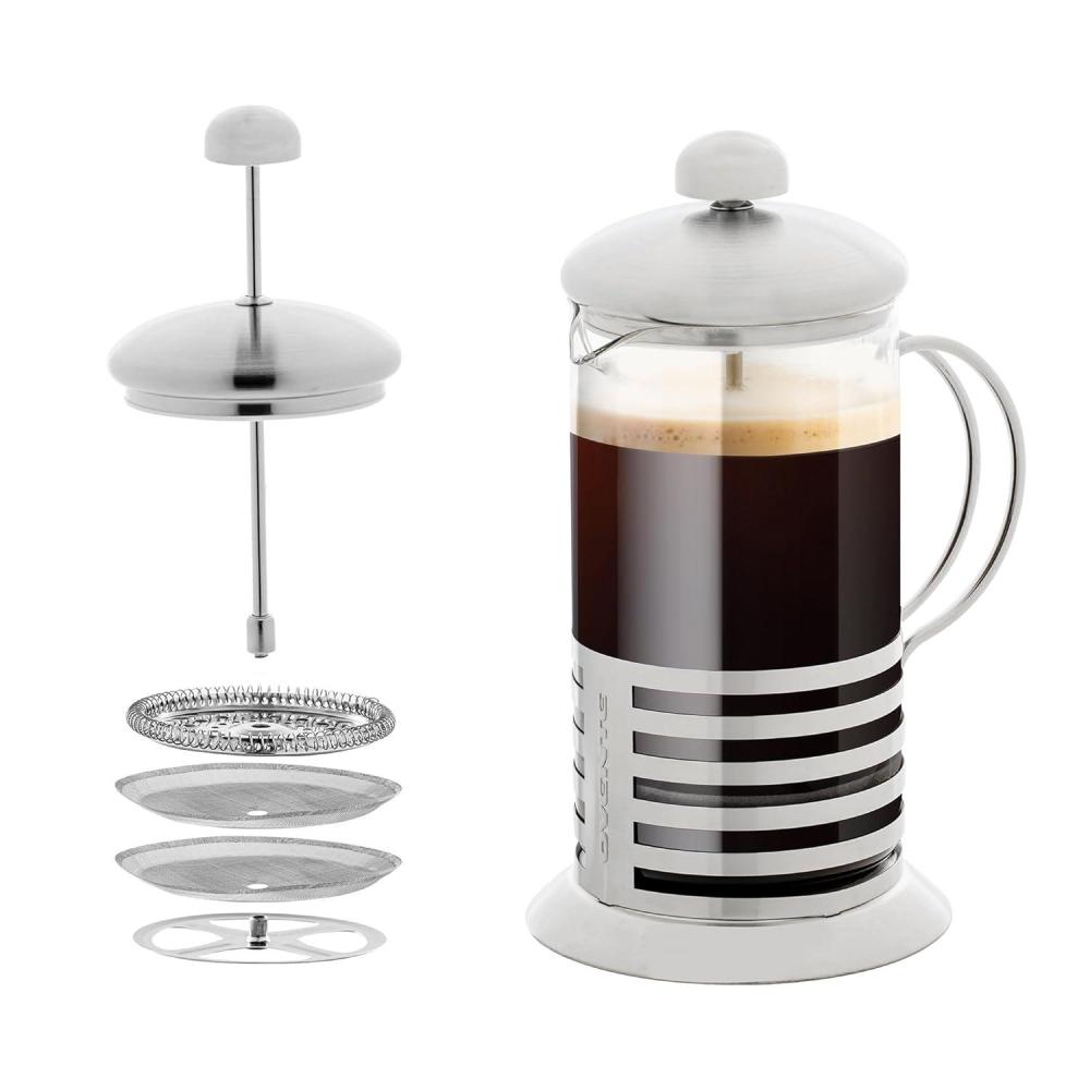 imageOVENTE French Press Coffee Maker 34 Ounce with Heat Resistant Borosilicate Glass Stainless Steel Design and 4Level Filter System Portable Cold Brewer Pot for Travel Camping or Gift Silver FSH34S20 Ounce