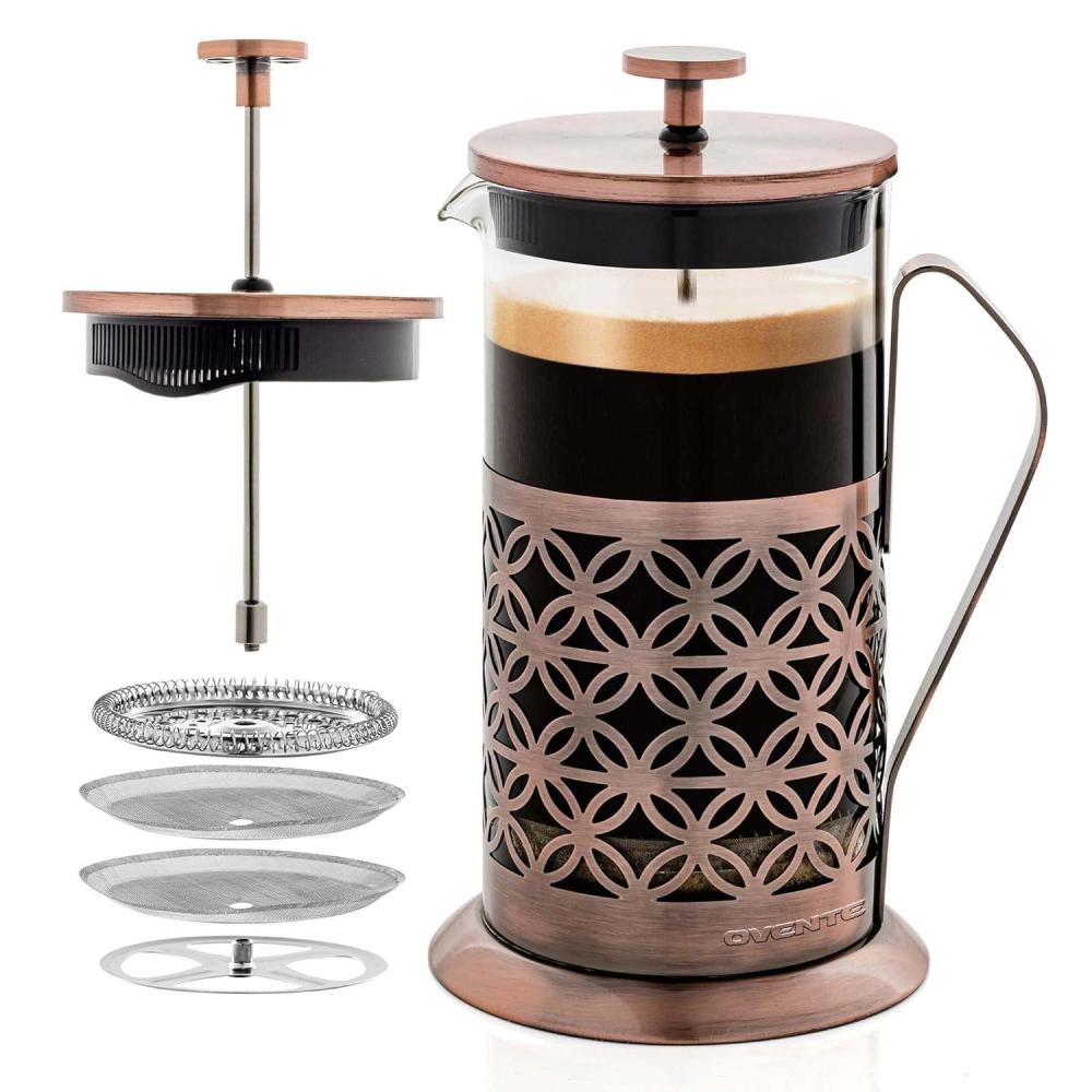 imageOVENTE French Press Coffee Maker 34 Ounce with Heat Resistant Borosilicate Glass Stainless Steel Design and 4Level Filter System Portable Cold Brewer Pot for Travel Camping or Gift Copper FSF34C34 Ounce