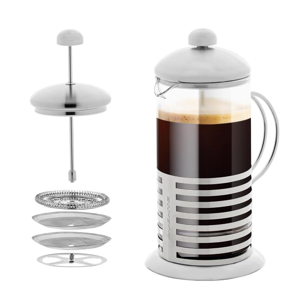 imageOVENTE French Press Coffee Maker 34 Ounce with Heat Resistant Borosilicate Glass Stainless Steel Design and 4Level Filter System Portable Cold Brewer Pot for Travel Camping or Gift Silver FSH34S34 Ounce