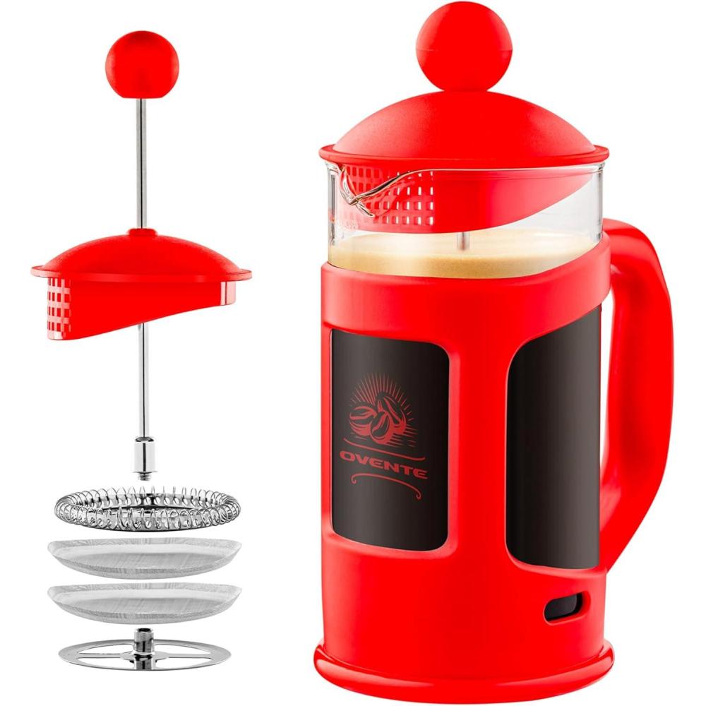imageOVENTE French Press Coffee Maker 34 Ounce with Heat Resistant Borosilicate Glass amp Stainless Steel 4Level Filtration System Portable Cold Brew Coffee Maker for Travel Camping or Gift Red FPT34R