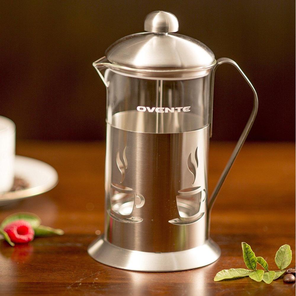 imageOvente French Press Coffee 20 Ounce Heat Resistant Borosilicate Glass amp 3 Stainless Steel Plunger Filter System Portable Pitcher Tea Maker with Mesh Filter and Free Measuring Scoop Silver FSC20S20ounce