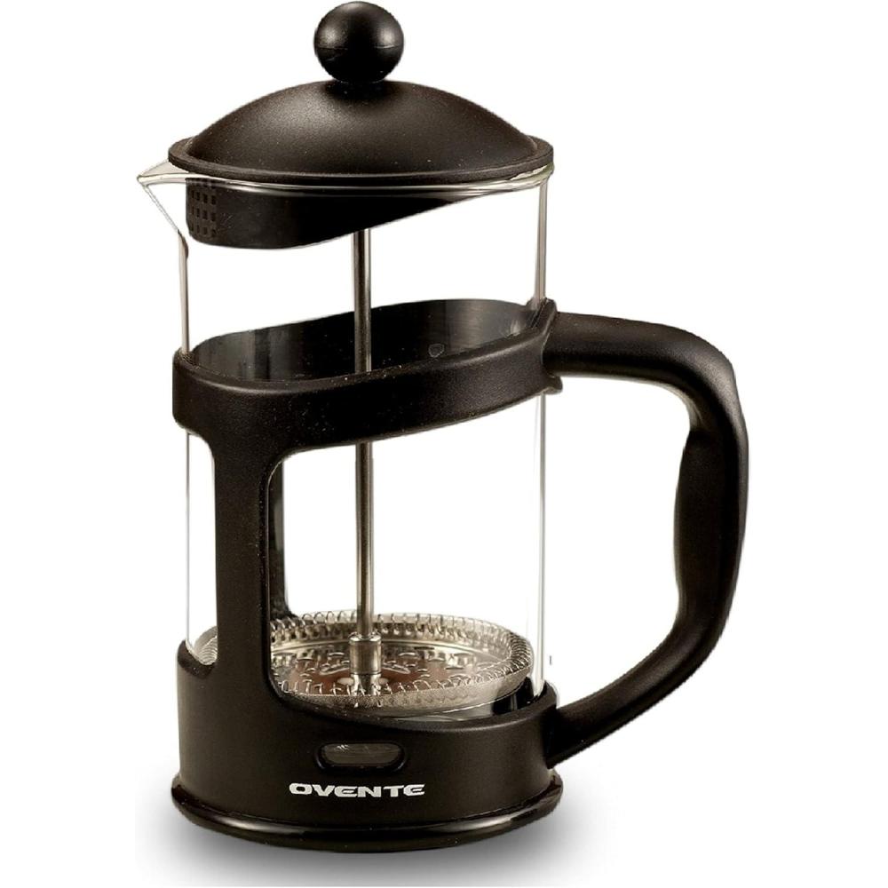 imageOvente French Press Coffee Tea and Espresso Maker Heat Resistant Borosilicate Glass with 4 Filter StainlessSteel System BPAFree Portable Pitcher Perfect for Hot amp Cold Brew 27oz Black FPT27B
