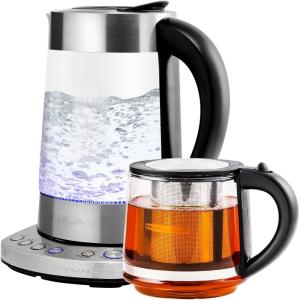 OVENTE 1.7L Electric Tea Kettle with Removable Infuser, Variable Temperature Control, Keep Warm Function, 1500W Fast Heating Water Boiler, BPA Free Borosilicate Glass & Easy to Fill Lid, Silver KG733S(Silver + Teapot)