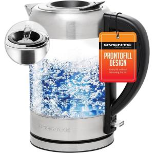 OVENTE Electric Kettle with 1.7L Borosilicate Glass, 1500W Instant Water Boiler and Heater for Coffee or Tea, BPA Free, Easy to Fill Lid, Auto Shut-Off and Boil Dry Protection, Silver KG612S(1.7L Silver)