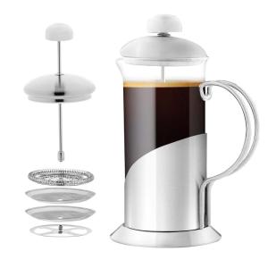 OVENTE French Press Coffee Maker 20 Ounce with Heat Resistant Borosilicate Glass, Stainless Steel Design and 4-Level Filter System, Portable Cold Brewer Pot for Travel, Camping or Gift, Silver FSL20S(12 Ounce)