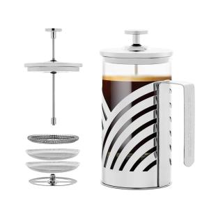 OVENTE French Press Coffee Maker 27 Ounce with Heat Resistant Borosilicate Glass, Stainless Steel Design and 4-Level Filter System, Portable Cold Brewer Pot for Travel, Camping or Gift, Silver FSD27P(20 Ounce)