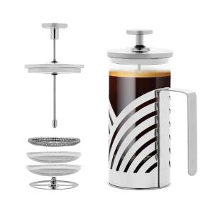 OVENTE French Press Coffee Maker 27 Ounce with Heat Resistant Borosilicate Glass, Stainless Steel Design and 4-Level Filter System, Portable Cold Brewer Pot for Travel, Camping or Gift, Silver FSD27P(12 Ounce)