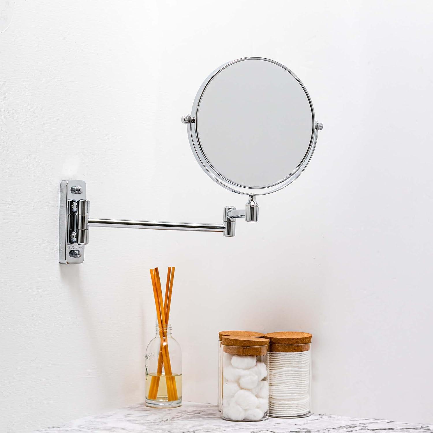 imageOVENTE 9 Wall Mounted Makeup Mirror with 1X7X Magnification Double Sided Magnifying Round Bathroom Vanity Mirror 360 Swivel Design Extendable and Folding Arm Polished Chrome MNLFW90CH1X7XPolished Chrome