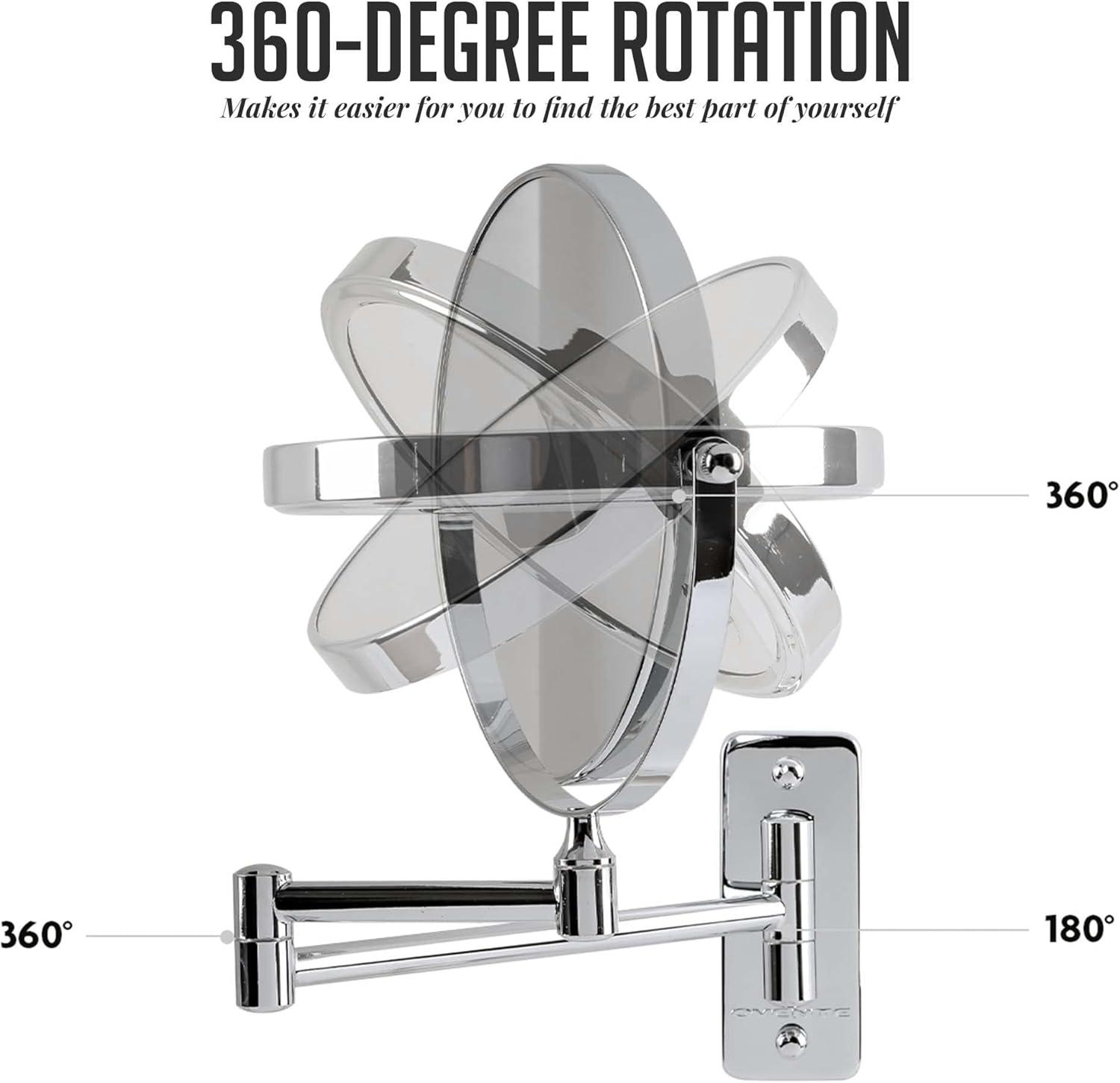 imageOVENTE 9 Wall Mounted Makeup Mirror with 1X7X Magnification Double Sided Magnifying Round Bathroom Vanity Mirror 360 Swivel Design Extendable and Folding Arm Polished Chrome MNLFW90CH1X7XPolished Chrome