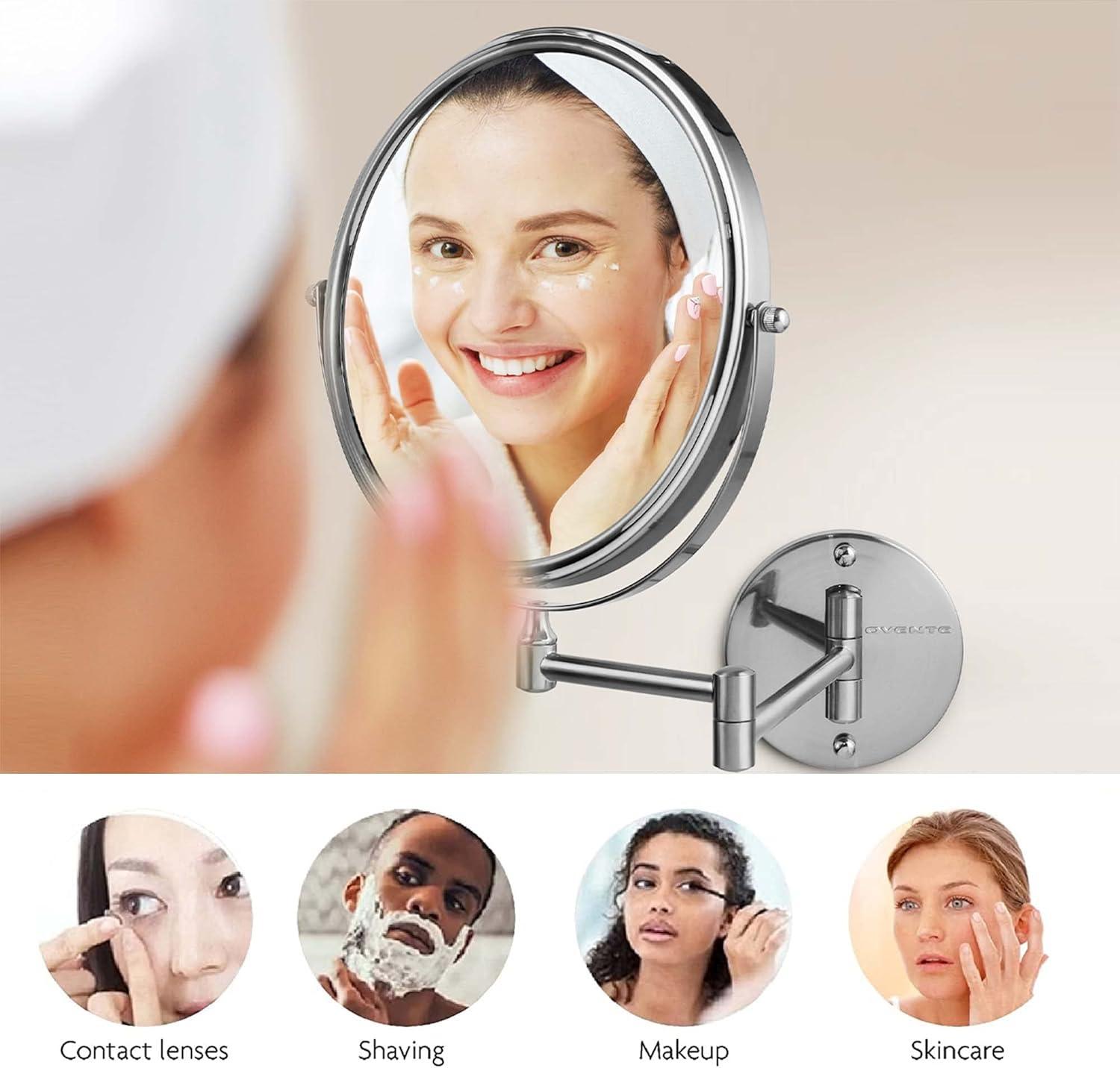 imageOVENTE 9 Wall Mounted Makeup Mirror with 1X7X Magnification Double Sided Magnifying Round Bathroom Vanity Mirror 360 Swivel Design Extendable and Folding Arm Polished Chrome MNLFW90CH1X7XNickel Brushed